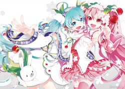  2girls ahoge artist_name bad_id bad_pixiv_id cherry detached_sleeves dress floral_dress flower food fruit hair_flower hair_ornament hairband hatsune_miku hug lily_of_the_valley long_hair multiple_girls necktie open_mouth photoshop_(medium) pink_hair playback rabbit rabbit_yukine red_eyes rowan sakura_miku skirt smile snowflakes thighhighs twintails very_long_hair vocaloid white_dress white_flower yuki_miku yuki_miku_(2015) 