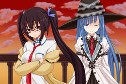  2girls black_hair blue_eyes blue_hair blush breasts commentary_request cosplay glasses hair_ornament hat imai_asami jacket long_hair mages. makise_kurisu makise_kurisu_(cosplay) medium_breasts mole mole_under_eye multiple_girls necktie neptune_(series) noire_(neptunia) one_eye_closed red_eyes smile steins;gate sunset torone_(emerada121) twintails voice_actor_connection 