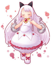  bare_shoulders blush bubble_skirt commentary_request cuffs dress female full_body horns long_hair mizuno_mumomo open_mouth outstretched_arms phantom_kingdom photoshop_(medium) pointy_ears pram_(phantom_kingdom) shoes simple_background skirt solo spread_arms strapless strapless_dress very_long_hair white_background white_hair 