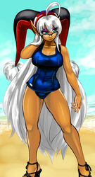  ahoge breasts commentary_request dark-skinned_female dark_skin elazuls-core elf eyeshadow female glasses green_eyes hat high_heels huge_ahoge jester_cap large_breasts long_hair makeup one-piece_swimsuit phantasy_star phantasy_star_universe photoshop_(medium) pointy_ears school_swimsuit shoes solo swimsuit very_long_hair white_hair 