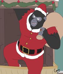  2016 5_fingers anthro ape belt big_daddy_(sing) black_body black_fur blue_eyes bottomwear burglar burglary christmas christmas_clothing christmas_headwear clothed clothing costume criminal fingers fireplace front_view fully_clothed fur fur_trim_(clothing) gang gangster gold_(metal) gold_jewelry gold_ring gorilla grey_body grey_skin haplorhine hat headgear headwear holding_object holidays illumination_entertainment inside jacket jewelry lilbocreeps looking_at_viewer male mammal muscular muscular_anthro muscular_male open_mouth open_smile pants primate red_bottomwear red_clothing red_topwear ring robber robbery robbing sack santa_costume santa_hat sing_(movie) smile solo thief thug topwear torn_clothing 