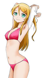  bikini blonde_hair commentary_request covered_nipples cowboy_shot female green_eyes kousaka_kirino long_hair looking_at_viewer moca01 navel ore_no_imouto_ga_konna_ni_kawaii_wake_ga_nai photoshop_(medium) red_bikini shirt simple_background smile solo swimsuit undressing white_background 