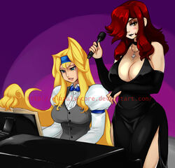  2girls black_dress black_lips blonde_hair blue_headband breasts bridal_gauntlets choker cleavage commentary_request commission cross cross_necklace crossover detached_sleeves dress dress_shirt elazuls-core formal green_eyes guilty_gear hair_over_one_eye hairband headband impossible_clothes instrument jewelry large_breasts lipstick long_hair makeup microphone millia_rage multiple_girls necklace parasoul_(skullgirls) photoshop_(medium) piano prehensile_hair red_hair shirt side_slit skullgirls vest watermark web_address 