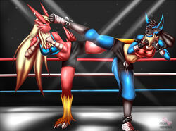  anthro avian bandage blaziken blue_eyes bottomwear bra breasts canid canine claws cleavage clothed clothing duo ear_piercing fan_character female fight fighting_ring generation_3_pokemon generation_4_pokemon grin industrial_piercing karate kick kickboxing lucario mammal maxi navel navel_piercing neck_tuft neonyx nintendo piercing pokemon pokemon_(species) practice rachel_(tabra) raised_leg red_eyes shorts simple_background smile sport sports_bra spotlight spread_legs spreading toe_claws tuft underwear yellow_sclera 