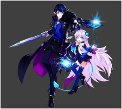  1boy blue_eyes blue_hair blue_sleeves ciel_(elsword) claws collared_shirt demon_girl demon_power_(elsword) demon_tail elsword female fur_trim grey_background gunblade horns hwansang jacket long_hair luciela_r._sourcream non-web_source official_art pointy_ears ribbon shirt short_hair smile symbol-shaped_pupils tail weapon white_hair 