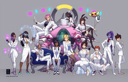  6+girls alternate_hairstyle ana_(overwatch) animal_ears balloon bastion_(overwatch) black_hair blonde_hair braid brown_hair character_balloon coattails colored_skin commentary couch d.va_(overwatch) dark-skinned_female dark_skin dreadlocks dress_suit efi_oladele ein_lee english_commentary eyepatch facial_tattoo formal garter_straps glasses gopnik grey_hair group_picture half_mask hat high_heels hologram ice logo long_skirt mask mecha mei_(overwatch) meka_(overwatch) mercy_(overwatch) mini_hat mini_top_hat moira_(overwatch) mother_and_daughter multicolored_hair multiple_girls necktie orisa_(overwatch) overwatch overwatch_1 pantyhose pencil_skirt pharah_(overwatch) pink_hair purple_skin rabbit_ears robot simple_background sitting skirt skull smile snowball_(overwatch) sombra_(overwatch) squatting suit sunglasses suspenders symmetra_(overwatch) tattoo thighhighs top_hat tracer_(overwatch) tuxedo two-tone_hair very_dark_skin waistcoat white_skirt white_suit widowmaker_(overwatch) zarya_(overwatch) 