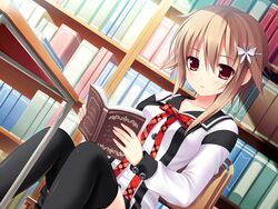  book brown_hair female game_cg hair_ornament hairclip holding holding_book kamishima_kaede makita_maki mecha_con! red_eyes school_uniform seifuku serafuku short_hair sitting skirt thighhighs 