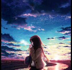  bag black_hair breath brown_eyes building cloud coat commentary female from_side highres long_hair long_sleeves looking_away mountain original outdoors pillarboxed profile river scarf skirt sky solo star_(sky) sun sunset warming warming_hands water yuuno_(yukioka) 