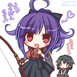  2girls :d ahoge alternate_hairstyle black_bow black_hair black_skirt blue_skirt bow bow_(weapon) brown_gloves brown_kimono closed_mouth commentary_request cosplay costume_switch dated finger_to_mouth gloves hair_between_eyes hair_flaps hairbow hairstyle_switch heart high_ponytail holding holding_bow_(weapon) holding_weapon houshou_(kancolle) houshou_(kancolle)_(cosplay) japanese_clothes kantai_collection kimono komakoma_(magicaltale) long_hair long_sleeves looking_at_viewer low_twintails multiple_girls open_mouth partially_fingerless_gloves pleated_skirt ponytail purple_hair red_eyes school_uniform serafuku shirt short_kimono short_sleeves sidelocks simple_background single_glove skirt smile taigei_(kancolle) taigei_(kancolle)_(cosplay) translated twintails twitter_username v_arms very_long_hair weapon white_background white_shirt |_| 