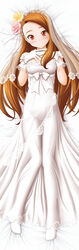  blush brown_hair commentary_request dakimakura_(medium) dress female full_body gloves hands_on_own_chest idolmaster idolmaster_(classic) idolmaster_2 long_hair lying minase_iori parted_lips photoshop_(medium) red_eyes sin-go solo wedding_dress 