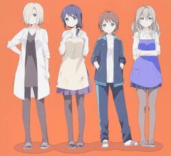  4girls apron azuma_shihoko black_legwear blonde_hair blue_eyes blue_hair brown_hair collarbone cropped crossed_arms glasses gym_shirt gym_teacher hair_over_one_eye hands_in_pockets hands_on_own_chest highres imageboard_desourced jacket kitamiya_hatsumi lab_coat light_frown light_smile looking_at_viewer minamino_tsubasa mole mole_under_mouth multiple_girls namori nishigaki_nana non-web_source odd_one_out official_art open_clothes open_jacket orange_background pants pantyhose purple_eyes red_eyes sandals scan shirt simple_background smile standing teacher third-party_edit track_jacket track_pants track_suit trait_connection wavy_hair yuru_yuri 