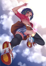  ass breasts brown_eyes cloud commentary_request female from_below green_hair hair_ornament hairclip highres medium_breasts no_bra open_mouth original panties shoes short_hair skirt sky sneakers solo striped_clothes striped_panties thighhighs underboob underwear upshirt upskirt uz3d 