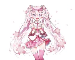  commentary_request detached_sleeves female flower-shaped_pupils fuusen_neko hatsune_miku highres long_hair looking_at_viewer necktie open_mouth petals photoshop_(medium) pink_eyes pink_hair sakura_miku skirt solo symbol-shaped_pupils thigh_gap thighhighs twintails very_long_hair vocaloid white_background 