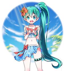  alternate_hairstyle aqua_eyes aqua_hair bikini bikini_skirt bracelet choker cloud commentary_request cowboy_shot day female flower food food_on_face fruit fuusen_neko green_hair hair_flower hair_ornament hatsune_miku hibiscus highres holding jewelry long_hair looking_at_viewer navel open_mouth photoshop_(medium) scrunchie side_ponytail sky solo swimsuit thigh_strap very_long_hair vocaloid watermelon 