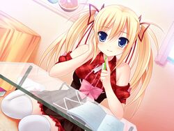  blonde_hair blue_eyes blush female game_cg indoors mecha_con! notebook pen ribbon ribbons solo table thighhighs twintails 