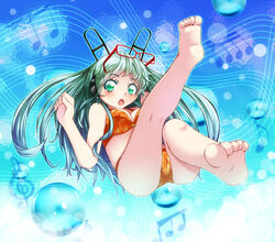  :o barefoot beamed_eighth_notes beamed_sixteenth_notes bikini blush breasts bubble colorized commentary_request eighth_note feet female glasses goma_azarasi green_eyes green_hair headphones long_hair medium_breasts musical_note open_mouth orange_bikini original solo staff_(music) swimsuit treble_clef 