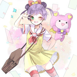  ;d bag bow commentary_request double_bun dress female green_eyes hair_bun hair_ornament hairbow kuma_(pripara) looking_at_viewer manaka_laala manaka_laala_(young) one_eye_closed open_mouth paprika_private_academy_school_uniform petticoat pretty_series pripara purple_hair reio_reio ribbon school_uniform short_hair smile thighhighs v v_over_eye 