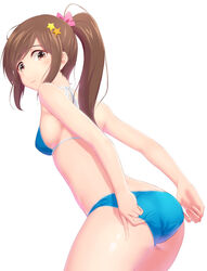  adjusting_clothes adjusting_swimsuit ass bikini breasts brown_eyes brown_hair female hair_ornament highres idolmaster idolmaster_cinderella_girls long_hair nitta_minami ponytail solo swimsuit takahirokun tied_hair 