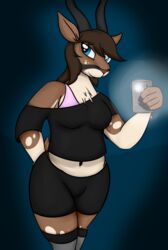  absurd_res antelope anthro ardupi bovid camera cellphone clothed clothing electronics female fur gazelle hair hi_res looking_at_viewer mammal midriff monopon512 navel noodlestoat phone selfie simple_background slightly_chubby smile solo 