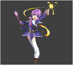  aisha_landar belt dress elsword female fingerless_gloves fire fireball gloves grey_background hair_tubes magician_(elsword) necktie non-web_source official_art open_mouth purple_dress purple_eyes purple_hair ress short_hair sidelocks smile staff thighhighs wand white_legwear 