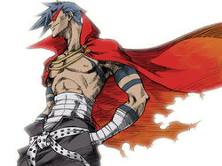  1boy bandages belt blue_hair cape commentary_request hands_in_pockets highres kamina_(ttgl) kamina_shades male_focus manly midriff_sarashi photoshop_(medium) sarashi solo tattoo tengen_toppa_gurren_lagann topless_male triangular_eyewear yanushi 