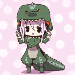  bad_id bad_pixiv_id baggy_pants chibi chibi_only commentary_request costume deviljho double_v female monster_hunter_(series) monster_hunter_3 pants photoshop_(medium) pink_hair ruru_ashihara solo tail v 