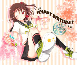  bad_id bad_pixiv_id borrowed_character brown_hair candy female food goma_(11zihisin) hair_bobbles hair_ornament hairclip highres kneehighs lollipop morinaga_koeda one_eye_closed original panties photoshop_(medium) red_eyes ribbon school_uniform shoes side_ponytail skirt sneakers socks solo striped_clothes striped_panties underwear upskirt wrist_ribbon 