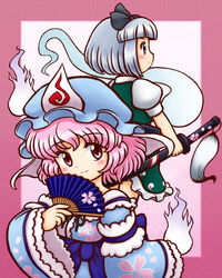  2girls blue_dress blue_eyes blunt_bangs blush border commentary_request dress frilled_skirt frills ghost green_skirt green_vest grey_hair hair_ornament hairband hand_fan hat hitodama japanese_clothes katana kimono konpaku_youmu konpaku_youmu_(ghost) long_sleeves looking_at_viewer looking_to_the_side mob_cap multiple_girls nitamago obi pink_border pink_eyes pink_hair puffy_short_sleeves puffy_sleeves saigyouji_yuyuko sash scabbard sheath sheathed shirt short_hair short_sleeves skirt skirt_set smile sword touhou triangular_headpiece vest weapon white_shirt wide_sleeves 