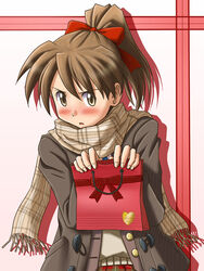  bag blush brown_eyes brown_hair coat commentary_request female gift gift_bag hair_ribbon holding holding_gift incoming_gift lielos obligation_chocolate original poniko_(lielos) ponytail ribbon scarf solo tsundere tsurime valentine 