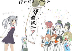  &gt;_&lt; 6+girls :d ;p anger_vein arare_(kancolle) arashio_(kancolle) asagumo_(kancolle) asashio_(kancolle) bad_id bad_pixiv_id blush blush_stickers bow bowtie brown_hair closed_eyes commentary_request confetti confetti_ball congratulations dress female_admiral_(kancolle) hair_ornament hair_ribbon hairclip hanging hanging_scroll hat kantai_collection kasumi_(kancolle) kasumi_kai_ni_(kancolle) michishio_(kancolle) multiple_girls neck_ribbon no_mouth one_eye_closed ooshio_(kancolle) open_mouth pan-pa-ka-paaan! pinafore_dress purple_hair rakisuto red_bow red_bowtie red_hair red_ribbon ribbon rope scroll sleeveless sleeveless_dress smile tears tongue tongue_out translated v-shaped_eyebrows yamagumo_(kancolle) 