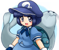  ascot backpack bag black_hair blue_hat blue_shirt blue_skirt blush collared_shirt commentary_request dark_haired_kappa female gloves hat kappa_mob_(touhou) looking_at_viewer looking_up manzairaku nitamago open_mouth purple_eyes seal_(animal) shirt short_hair short_sleeves skirt skirt_set smile touhou two-tone_background upper_body wild_and_horned_hermit 