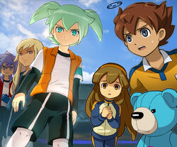  4boys armband bad_id bad_pixiv_id blonde_hair brown_eyes brown_hair chetto cloud day fei_rune female frown garu_(inazuma_eleven) green_eyes green_hair hairband inazuma_eleven_(series) inazuma_eleven_go inazuma_eleven_go_chrono_stone long_hair matsukaze_tenma mizuhara_aki multiple_boys nanobana_kinako orange_hairband purple_eyes raimon raimon_soccer_uniform short_hair smile soccer_uniform sportswear standing yokka 