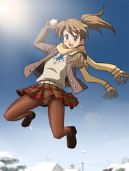  :d brown_eyes brown_hair coat commentary_request crotch_seam female gloves jumping lielos loafers open_mouth original panties panties_under_pantyhose pantyhose poniko_(lielos) ponytail scarf shoes smile snowball solo sweater_vest underwear 