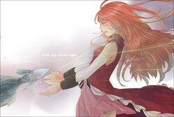  alternate_hairstyle bare_shoulders commentary_request cuts detached_sleeves female fish injury kurashiki_(kas0) long_hair magical_girl mahou_shoujo_madoka_magica mahou_shoujo_madoka_magica_(anime) outstretched_arms photoshop_(medium) red_eyes red_hair sakura_kyoko sakura_kyoko_(magical_girl) smile solo tears 