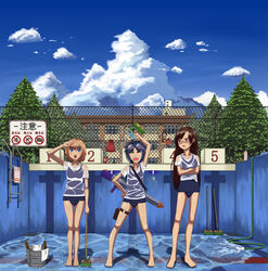  3girls absurdres barefoot blue_eyes blue_hair broom brown_eyes brown_hair bucket can character_request closed_eyes commentary_request coupe50 day drink_can empty_pool glasses goggles highres hose legs_apart long_hair multiple_girls open_mouth outdoors photoshop_(medium) pool salute school_swimsuit shirt short_hair sky smile soda_can standing swimsuit translated water water_gun wet wet_clothes wet_shirt 