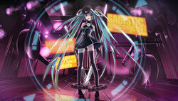  aqua_hair boots commentary_request copyright_name elbow_gloves female fork gears gloves hat hatsune_miku headset highres knife long_hair open_mouth oversized_object peaked_cap photoshop_(medium) project_diva_(series) project_diva_f red_eyes sadistic_music_factory_(vocaloid) solo thigh_boots thighhighs twintails very_long_hair vocaloid yonasawa 