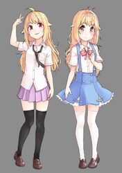  2girls ahoge arm_up black_legwear blonde_hair blue_skirt brown_eyes commentary_request grey_background komori_yu long_hair loose_necktie multiple_girls necktie original pink_skirt red_eyes shirt shoes skirt smile suspender_skirt suspenders thighhighs v white_legwear white_shirt 