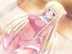  blonde_hair blue_eyes blush bra breasts commentary_request female halhal highres large_breasts laura_stuart lingerie long_hair panties photoshop_(medium) see-through solo toaru_majutsu_no_index underwear wet 