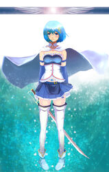  armband belt blue_eyes blue_hair cape commentary_request cuts female fortissimo full_body gloves hair_ornament hairclip highres injury magical_girl mahou_shoujo_madoka_magica mahou_shoujo_madoka_magica_(anime) mahou_shoujo_madoka_magica_movie_1_&amp;_2 miki_sayaka miki_sayaka_(magical_girl) musical_note musical_note_hair_ornament photoshop_(medium) short_hair smile solo soul_gem standing sword takemaru08 tears thighhighs weapon white_thighhighs zettai_ryouiki 