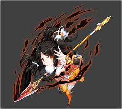  ahoge ara_haan arm_warmers black_hair boots breasts chinese_clothes detached_sleeves elsword eyeshadow female grey_background hair_ornament hairpin half_updo large_breasts little_xia_(elsword) makeup non-web_source official_art orange_footwear polearm polearm_behind_back sando_(dukedevil) skirt spear thigh_boots thighhighs weapon yellow_eyes 