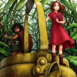  1boy arrietty bad_id bad_pixiv_id black_eyes black_hair boots brown_eyes brown_hair dress facepaint female food fruit grass hair_down karigurashi_no_arrietty long_hair mini_person miniboy minigirl polearm satou_toshio_(suisuisuisui) spiller watering_can weapon 