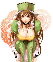  breasts brown_eyes brown_hair claudia_(saga) cleavage collar commentary_request female hat large_breasts leaning_forward long_hair looking_at_viewer puffy_sleeves romancing_saga saga seqet-aru 