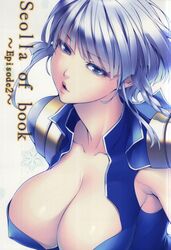  absurdres blue_eyes braid breasts chisato_kirin cleavage close-up cover cover_page doujin_cover female grey_hair hair_ornament hairclip highres large_breasts lips looking_at_viewer seolla_schweizer short_hair solo super_robot_wars super_robot_wars_original_generation 