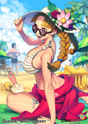  1boy aristotle_(qurare) arm_support barefoot beach beach_umbrella berry bikini blurry bracelet braid breasts brown_hair cleavage cloud commentary_request day depth_of_field female flower fruit_hat green_eyes green_flower hair_ornament hat hat_flower jewelry large_breasts long_hair looking_at_viewer looking_back looking_to_the_side male_swimwear ningu ocean open_mouth outdoors palm_tree photoshop_(medium) pink_flower plant purple_flower purple_rose qurare_magic_library rose sand sand_sculpture shiny_skin shorts side-tie_bikini_bottom silhouette sitting sky smile solo_focus standing striped_bikini striped_clothes sun_hat sunglasses swim_briefs swimsuit tree trowel twin_braids umbrella 