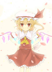  ascot blonde_hair bunchou_(bunchou3103) commentary_request dress female flandre_scarlet hands_on_own_hips hat highres red_dress red_eyes side_ponytail slit_pupils solo touhou wings 