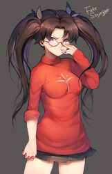  adjusting_eyewear alternate_hairstyle bespectacled between_fingers blue_eyes breasts brown_hair character_name commentary_request fate/stay_night fate_(series) female frown gem glasses hair_ribbon highres holding long_hair medium_breasts mukka pleated_skirt red-framed_eyewear ribbon semi-rimless_eyewear skirt solo sweater tohsaka_rin twintails under-rim_eyewear 