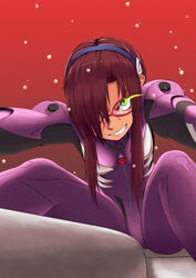  blood bodysuit brown_hair commentary_request coupe50 evangelion:_2.0_you_can_(not)_advance female glasses glowing glowing_eye green_eyes grin hair_over_one_eye hairband light_trail makinami_mari_illustrious neon_genesis_evangelion photoshop_(medium) pink_bodysuit plugsuit rebuild_of_evangelion red-framed_eyewear sitting smile solo 