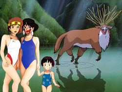  3_girls animal brown_eyes ghibli hotaru_no_haka mizu mononoke_hime nature nausicaa rastel san setsuko_(hotaru_no_haka) shocked swimsuit 