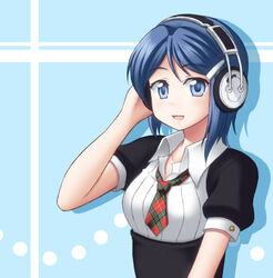  blue_eyes blue_hair commentary_request female hair_ornament hairclip hand_on_headphones headphones idolmaster idolmaster_dearly_stars mizutani_eri necktie open_mouth short_hair smile solo utomo 