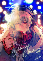  1boy 2016 christmas christmas_stocking close-up coat cup drinking fur-trimmed_jacket fur_trim grey_hair headphones jacket looking_at_viewer male_focus merry_christmas mug naitou-kun nitro+_chiral photoshop_(medium) red_eyes signature smile solo steam sweater yamada_uiro 